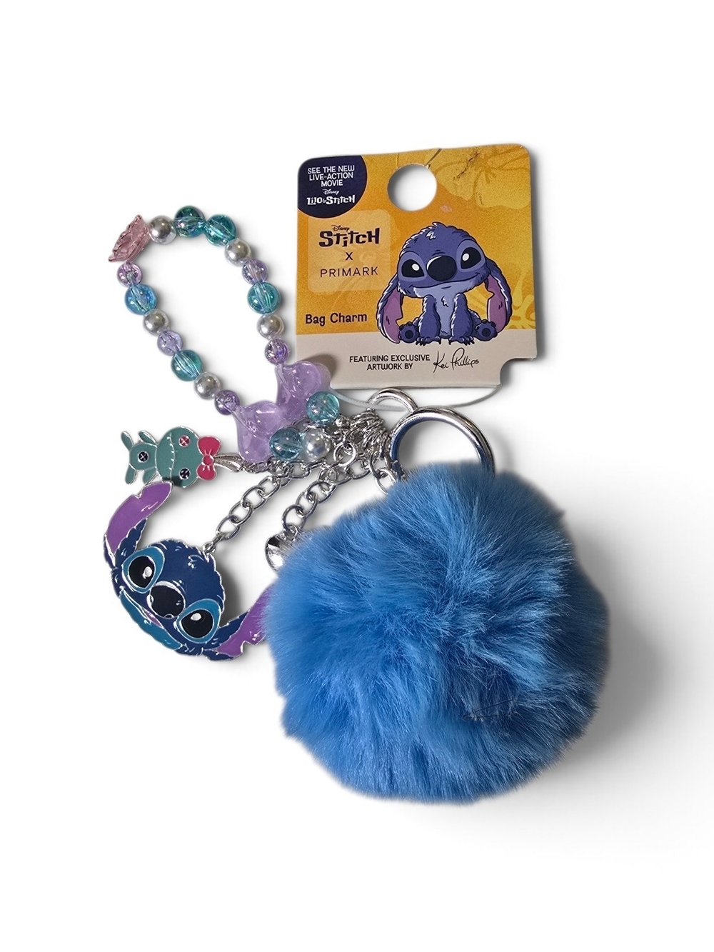Disney Stitch Primark Bag Charm Pom Pom Beaded Keychain NWT